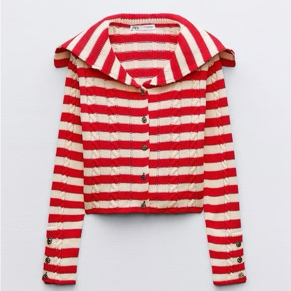 Zara Jackets & Blazers - Zara Red and Cream Striped Knit Blazer